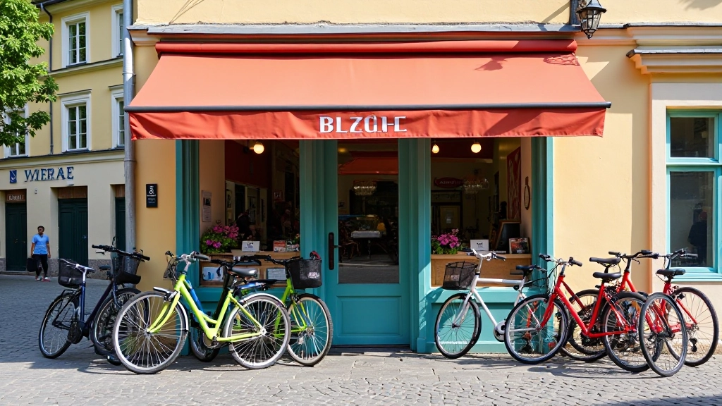 Bike rental shop storefront in Prague Old Town with colorful bicycles displayed outside