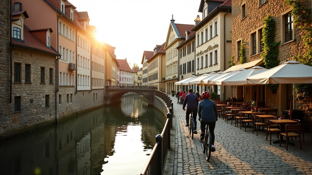 Charming riverside town with historic architecture, waterfront restaurants, and cycling path alongside