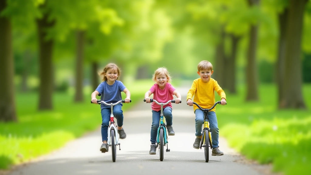 Children riding bikes on a safe park path surrounded by green trees and grass areas with clear blue sky