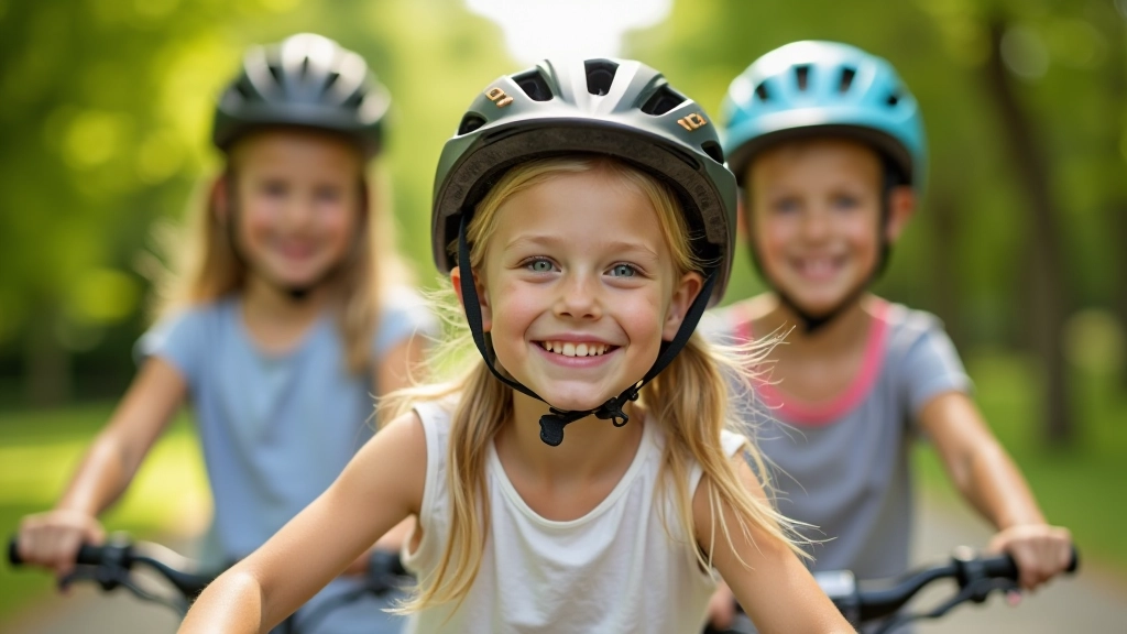 Children smiling while wearing helmets on a bright sunny day at a park entrance