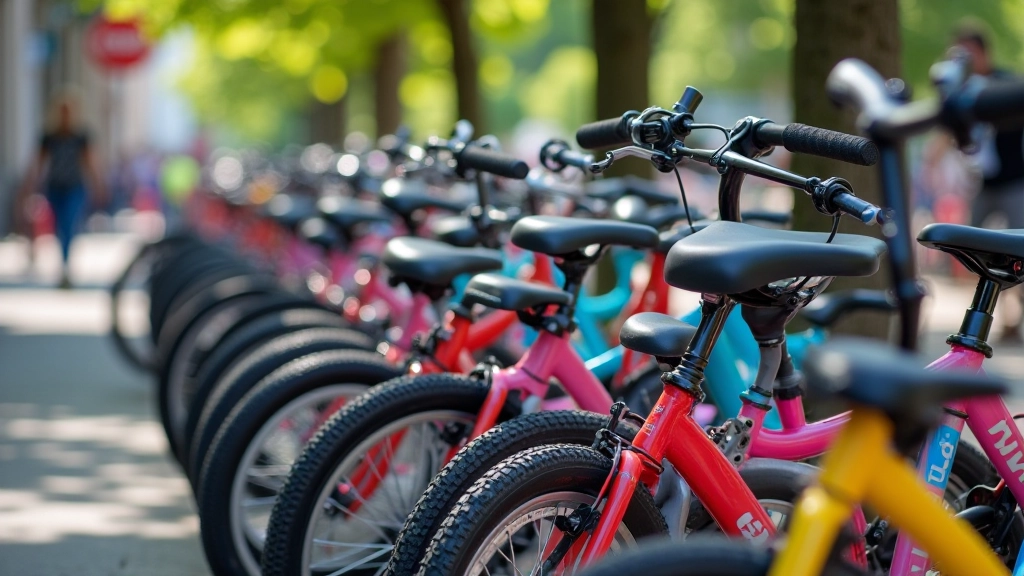 Colorful children's bicycles of various sizes lined up at a rental shop with helmets hanging on display