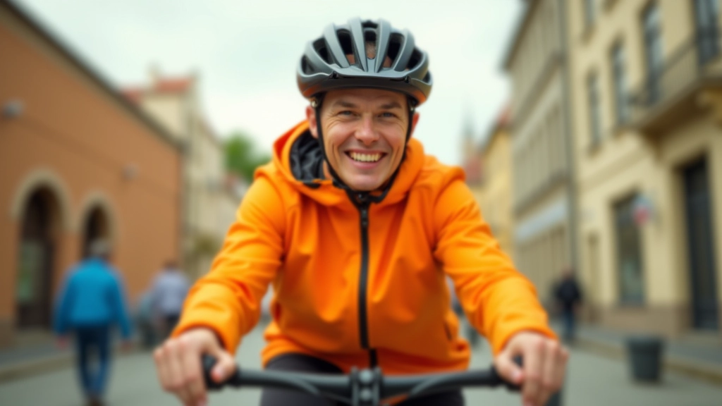 Person wearing cycling helmet and bright colored jacket, preparing bike before urban ride