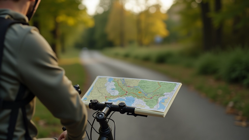 Cyclist checking map on handlebar mount during ride on river path
