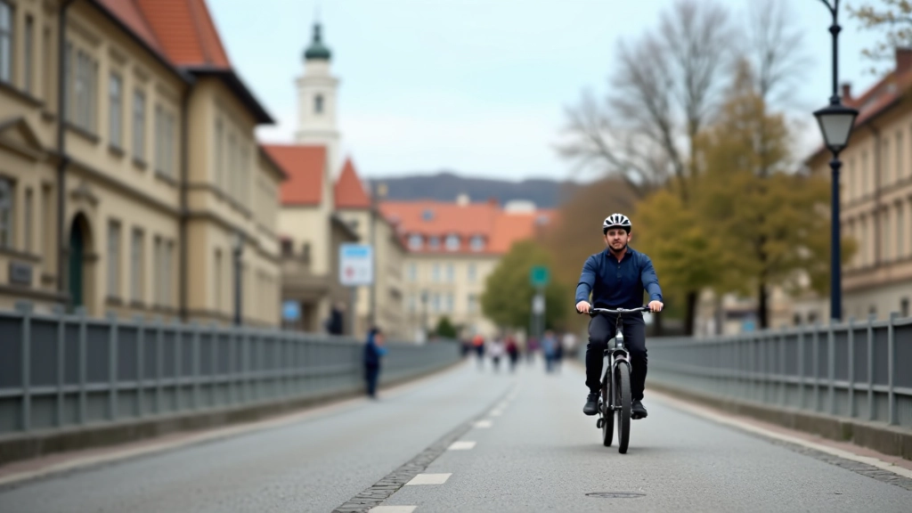 Urban Prague street with cyclist riding on dedicated bike lane, historic buildings in background
