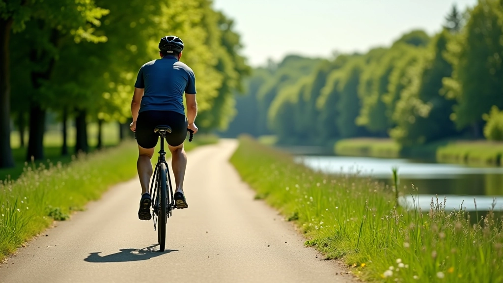 Cyclist on dedicated path along river during multi-day tour