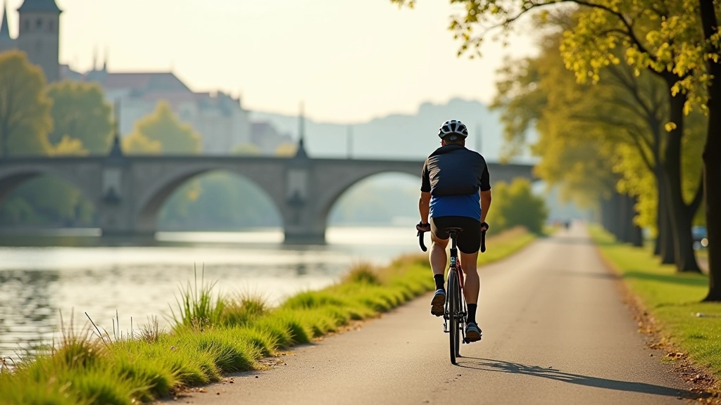 Prague bike lane along riverside path with river and bridges visible, peaceful cycling route