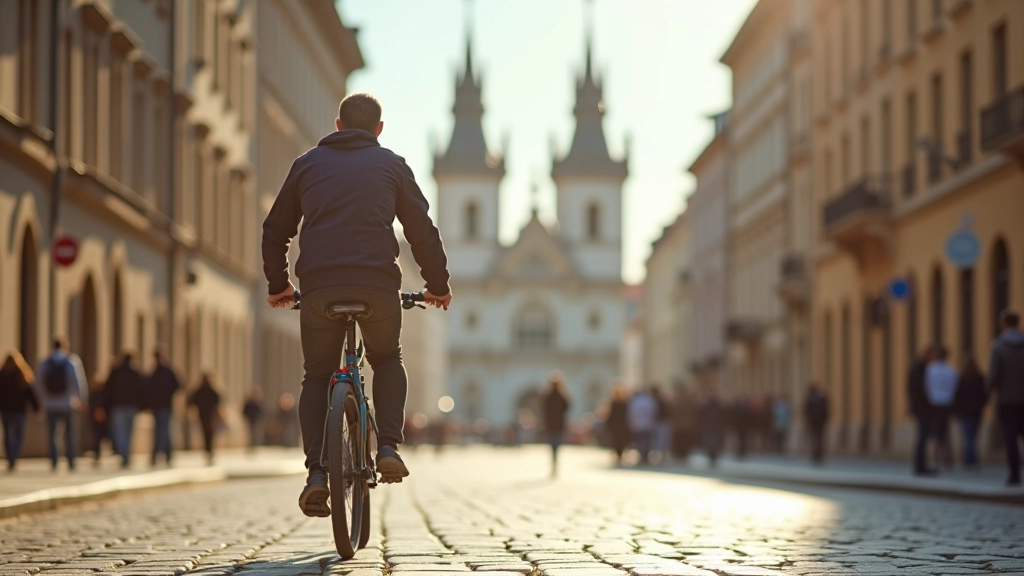 Urban cyclist in Prague with historic architecture