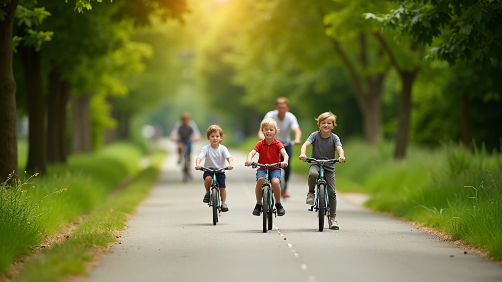 Family group cycling together on safe flat park path
