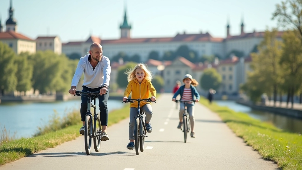 Family cycling on a wide, flat paved path along a river with trees on both sides and water visible on the left