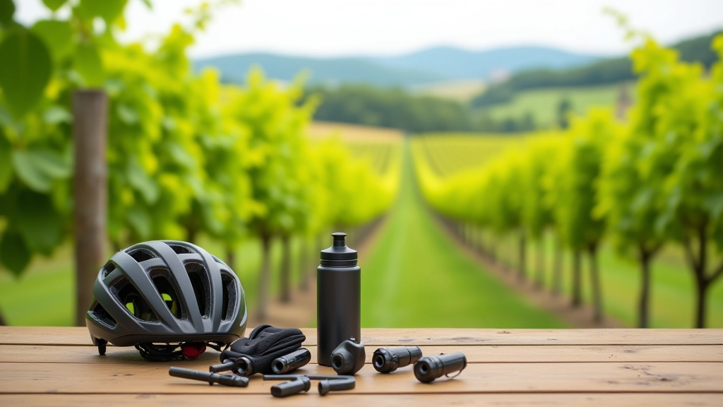 Close-up of cycling gear laid out on a table including helmet, water bottle, and repair kit
