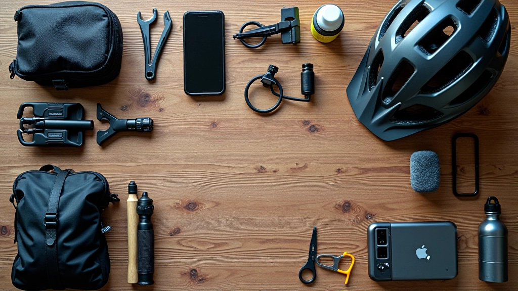 Organized bicycle gear and accessories laid out on wooden table, ready for packing