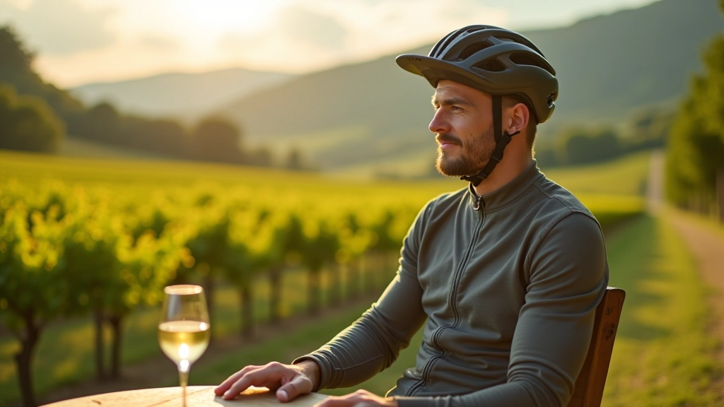 Cyclist taking a break at a scenic vineyard overlook, with wine bottle and glasses on a table