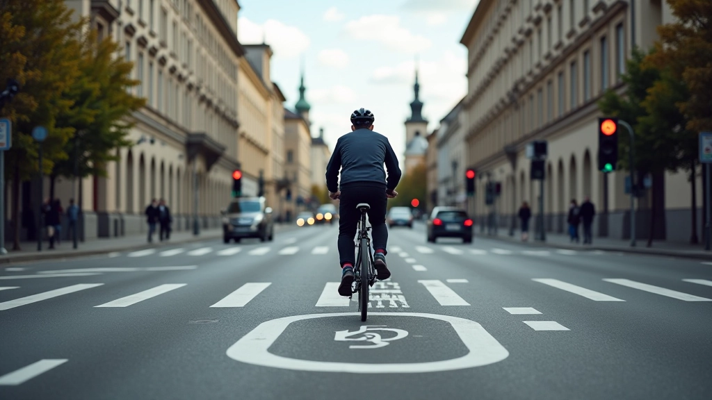 Prague intersection with bike lane markings, clear street signs, and traffic light for cyclists