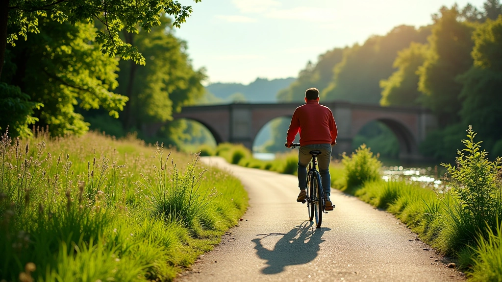 River landscape with cycling path, green banks, and historic bridge in distance