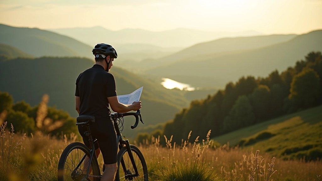 Cyclist checking map on scenic overlook with Czech landscape
