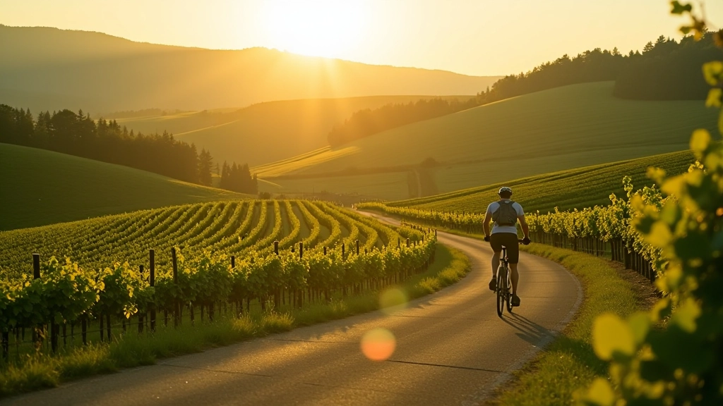 Vineyard landscape with rolling hills and bike path through wine region